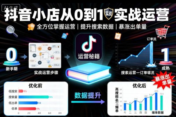 抖音小店從0到1實(shí)戰(zhàn)運(yùn)營(yíng)，幫你全方位掌握小店運(yùn)營(yíng)，提升搜索數(shù)據(jù)與出單量